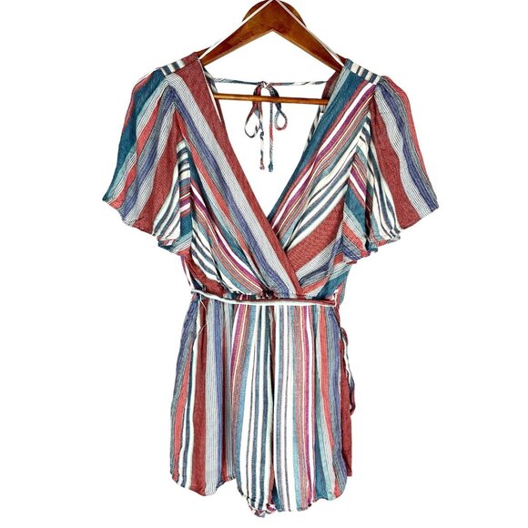 miami Pants - MI AMI Women's Teal Red Stripe Double V-Neck Romper Small